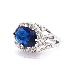 Silver Tone Blue Crystal Ring Oval Adjustable Cocktail Statement